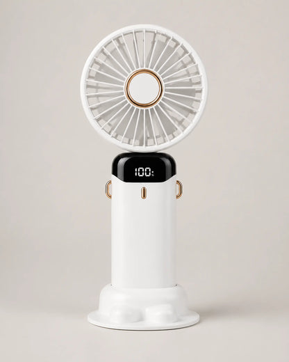 White portable fan front view upright on its sculpted desktop base