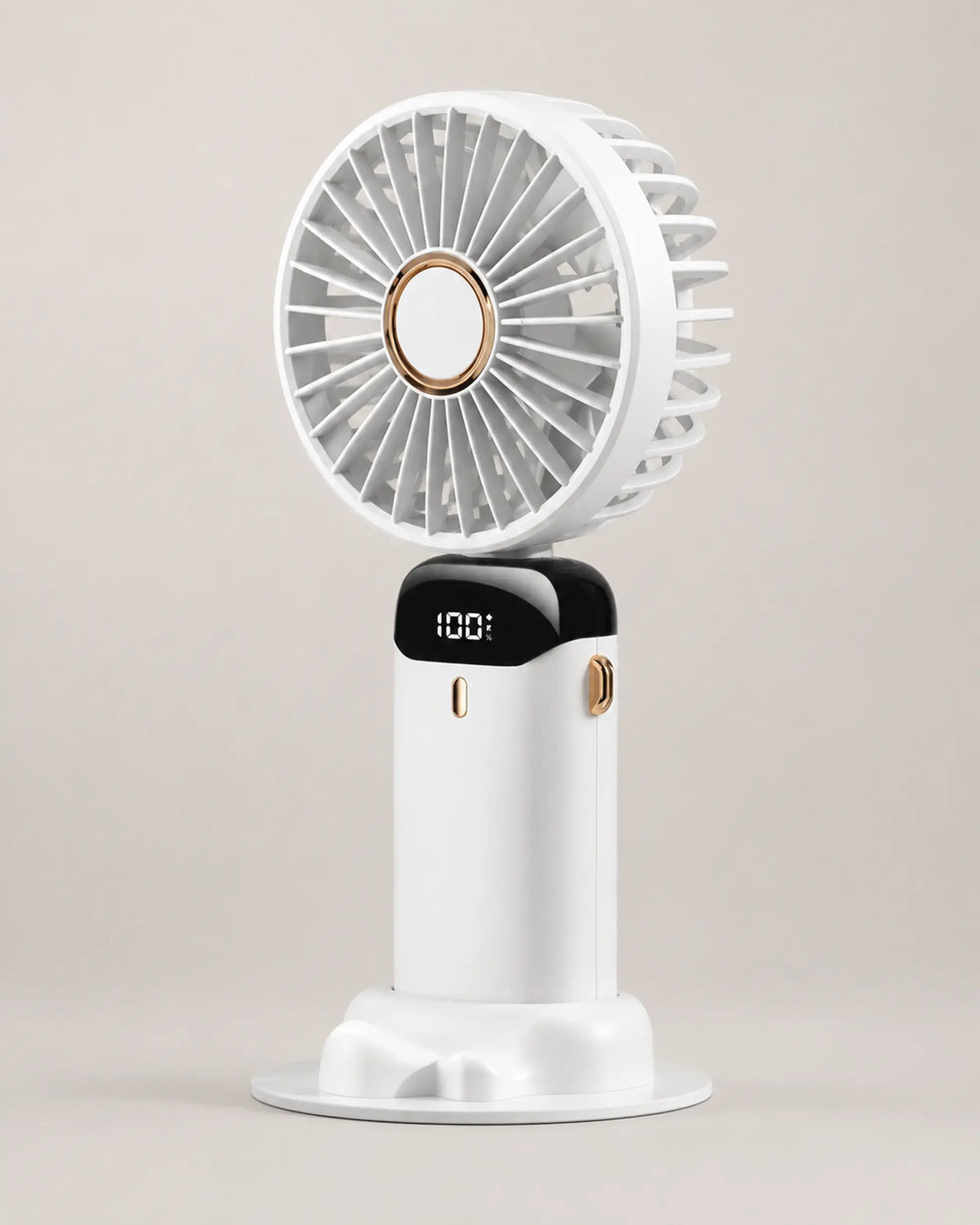 White portable fan three-quarter view with clean grille and gold details