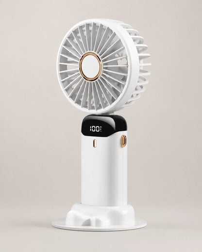 White portable fan three-quarter view with clean grille and gold details