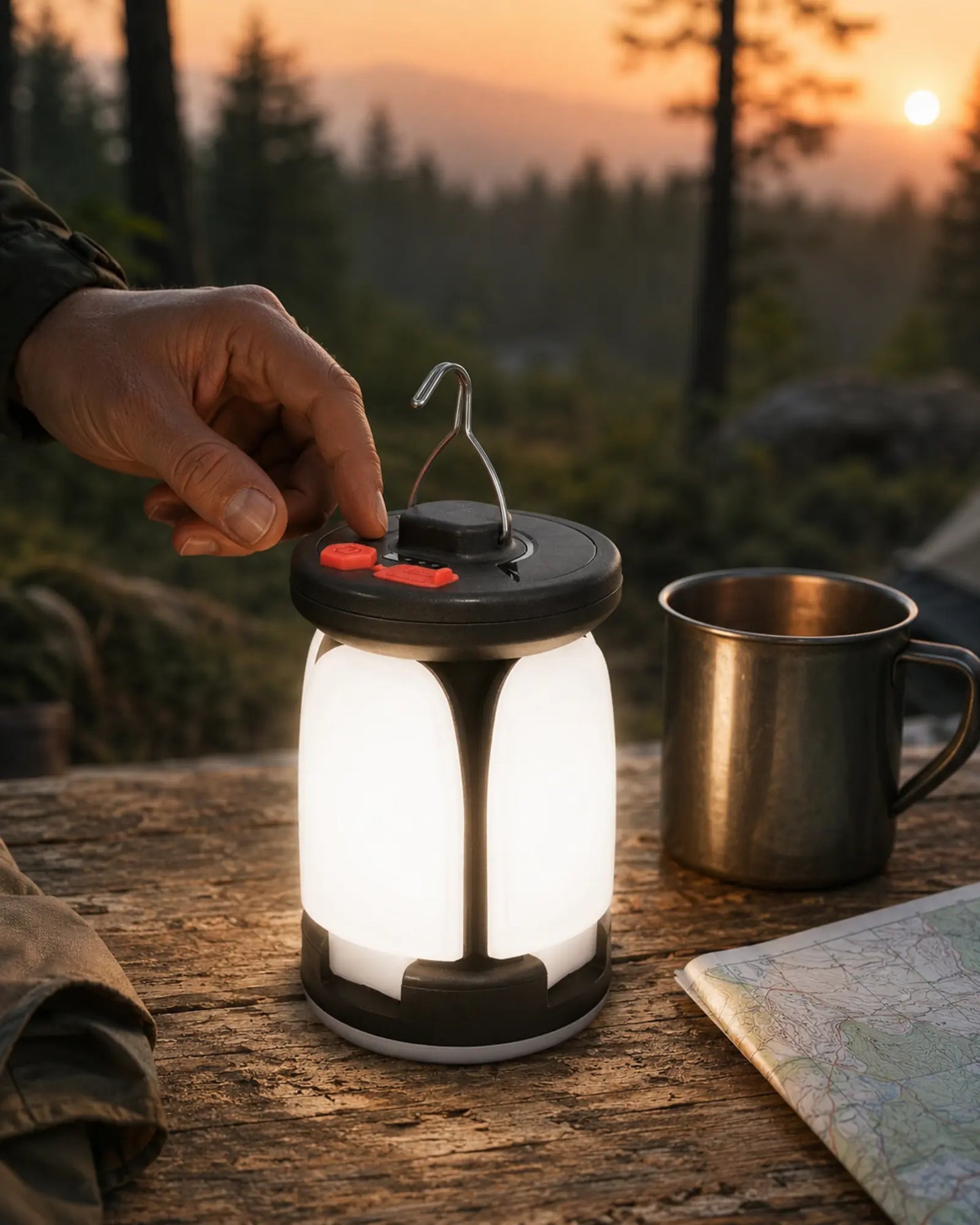 Camper adjusting four leaf lantern beside mug and map at sunrise