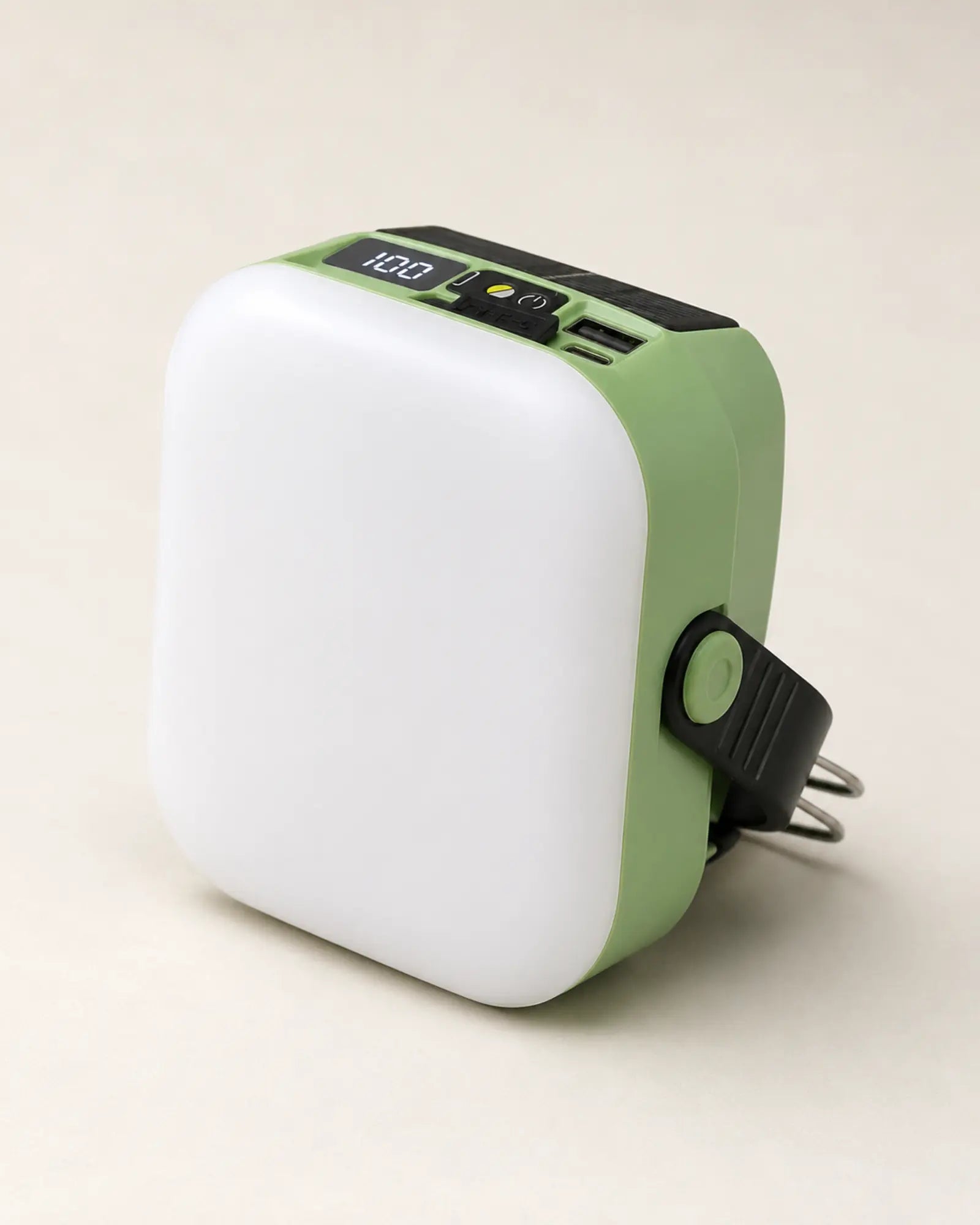 Style B green solar camping lantern with digital battery display