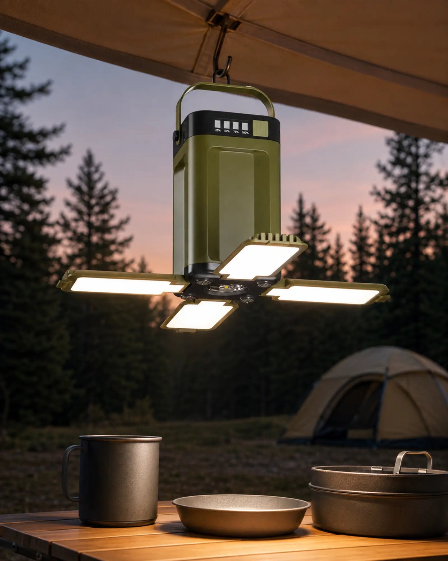 Style E solar camping lantern illuminating an outdoor camp table