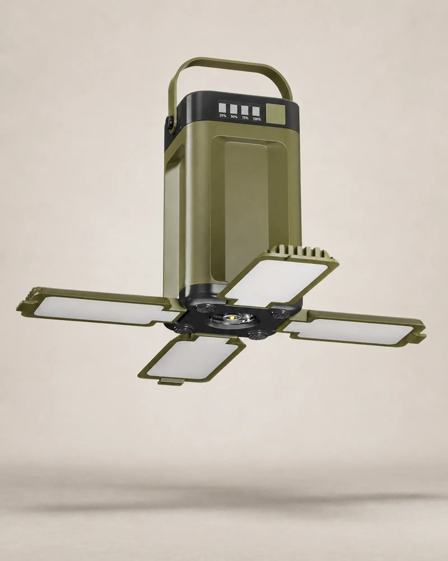 Style E olive rechargeable camping lantern with folding light panels