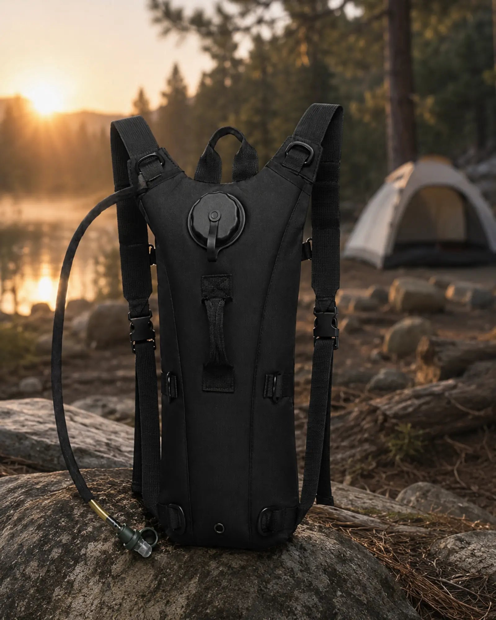 Black ARWE hydration pack at a quiet forest campsite at dawn