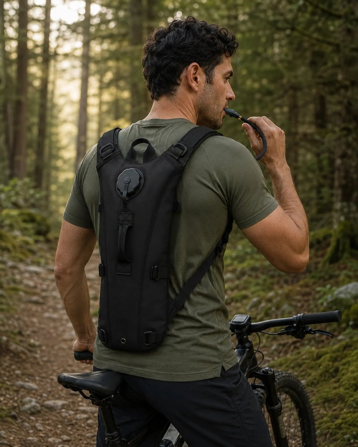 Cyclist wearing black ARWE 3L hydration backpack on forest trail