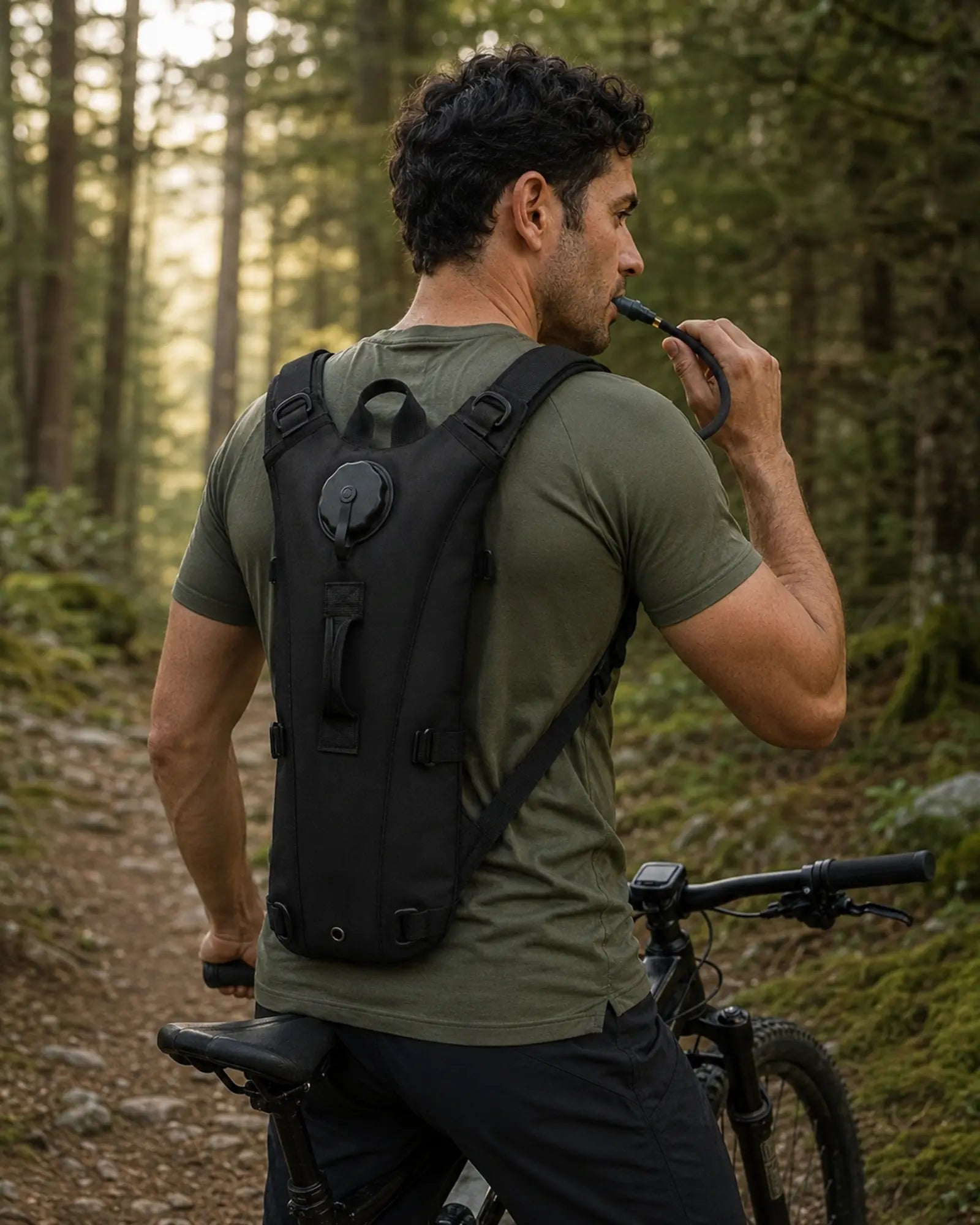 Cyclist wearing black ARWE 3L hydration backpack on forest trail