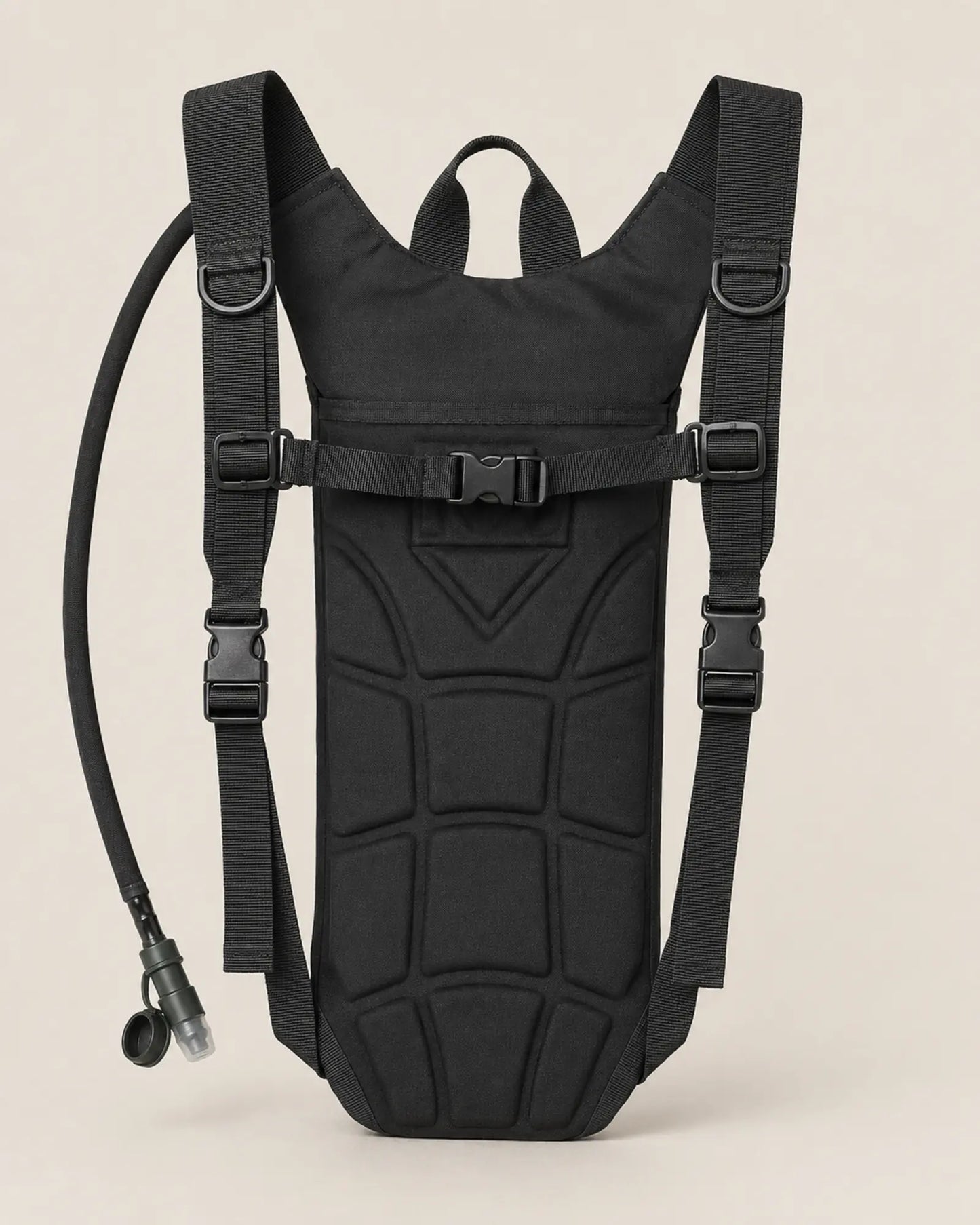 Padded rear panel and sternum strap on black ARWE hydration backpack