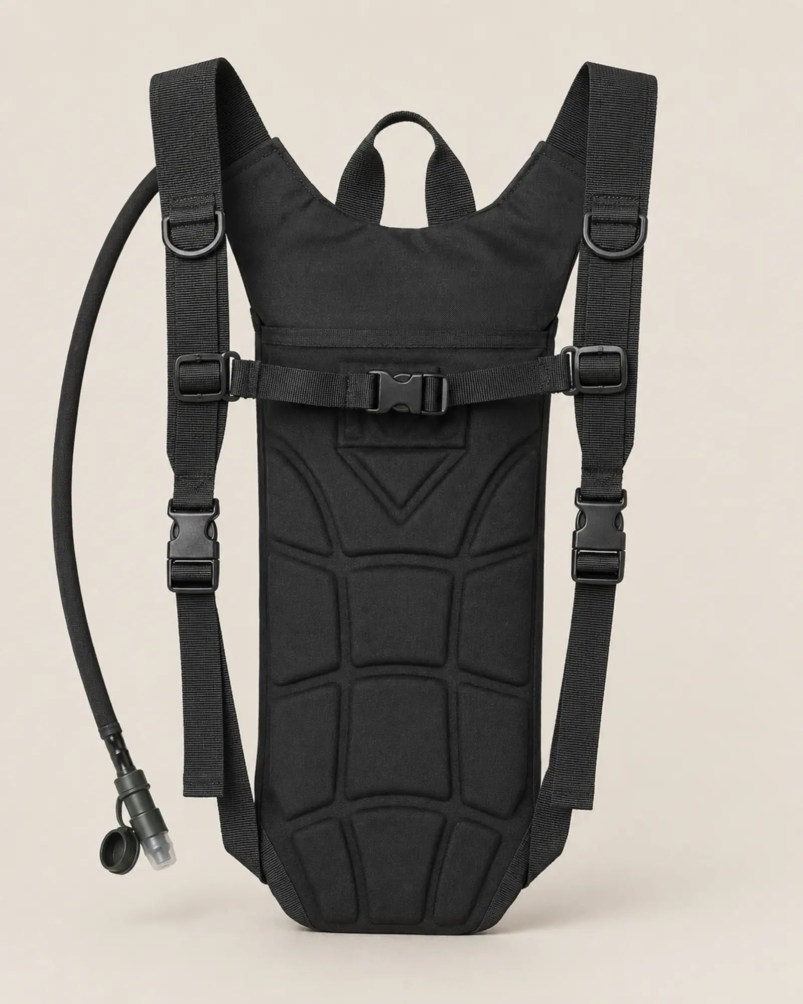 Padded rear panel and sternum strap on black ARWE hydration backpack