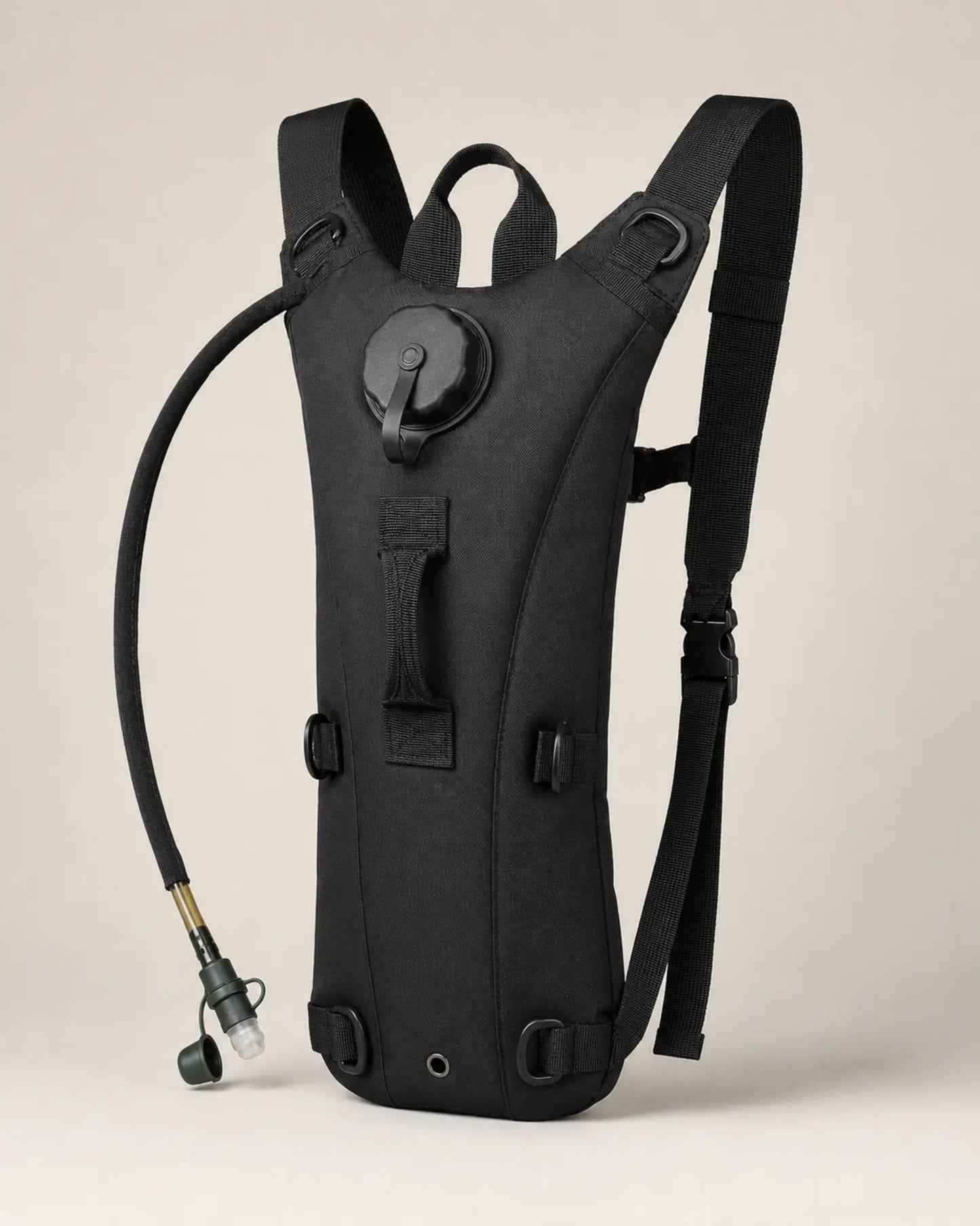 Right angle view of black ARWE 3L hydration pack and drinking tube
