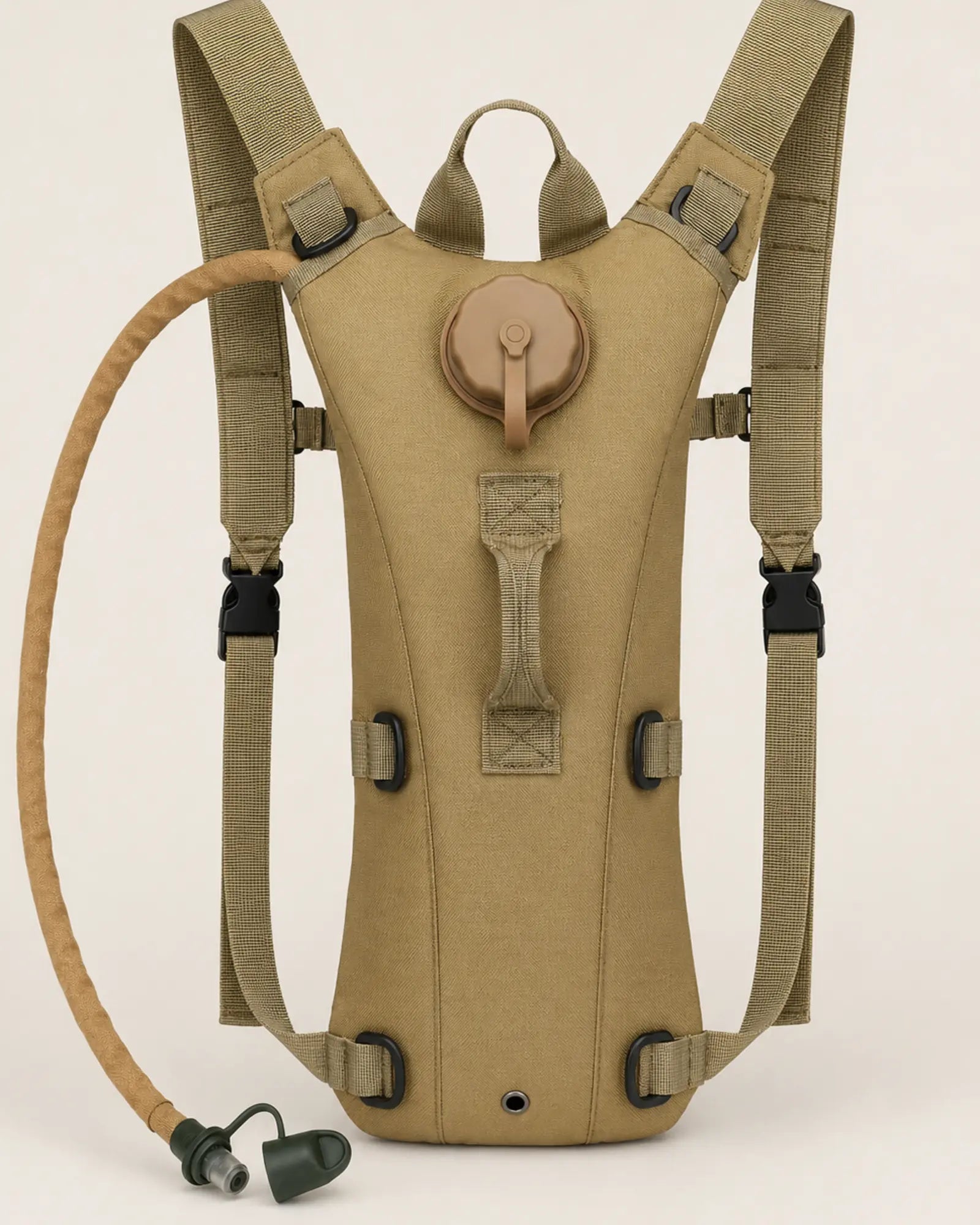 Tan ARWE tactical hydration pack with adjustable straps and drinking hose