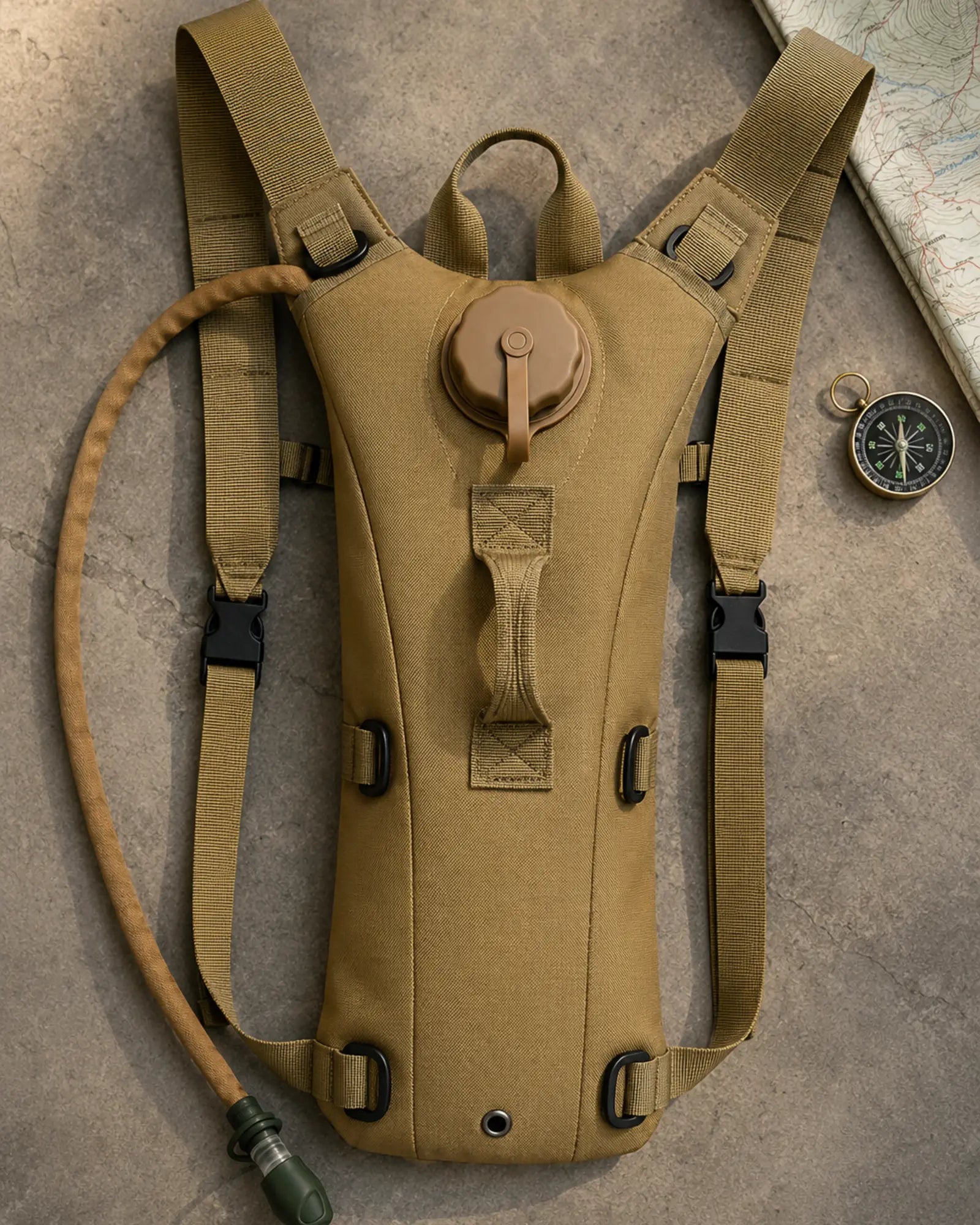 Tan ARWE tactical hydration backpack arranged in premium outdoor flat lay