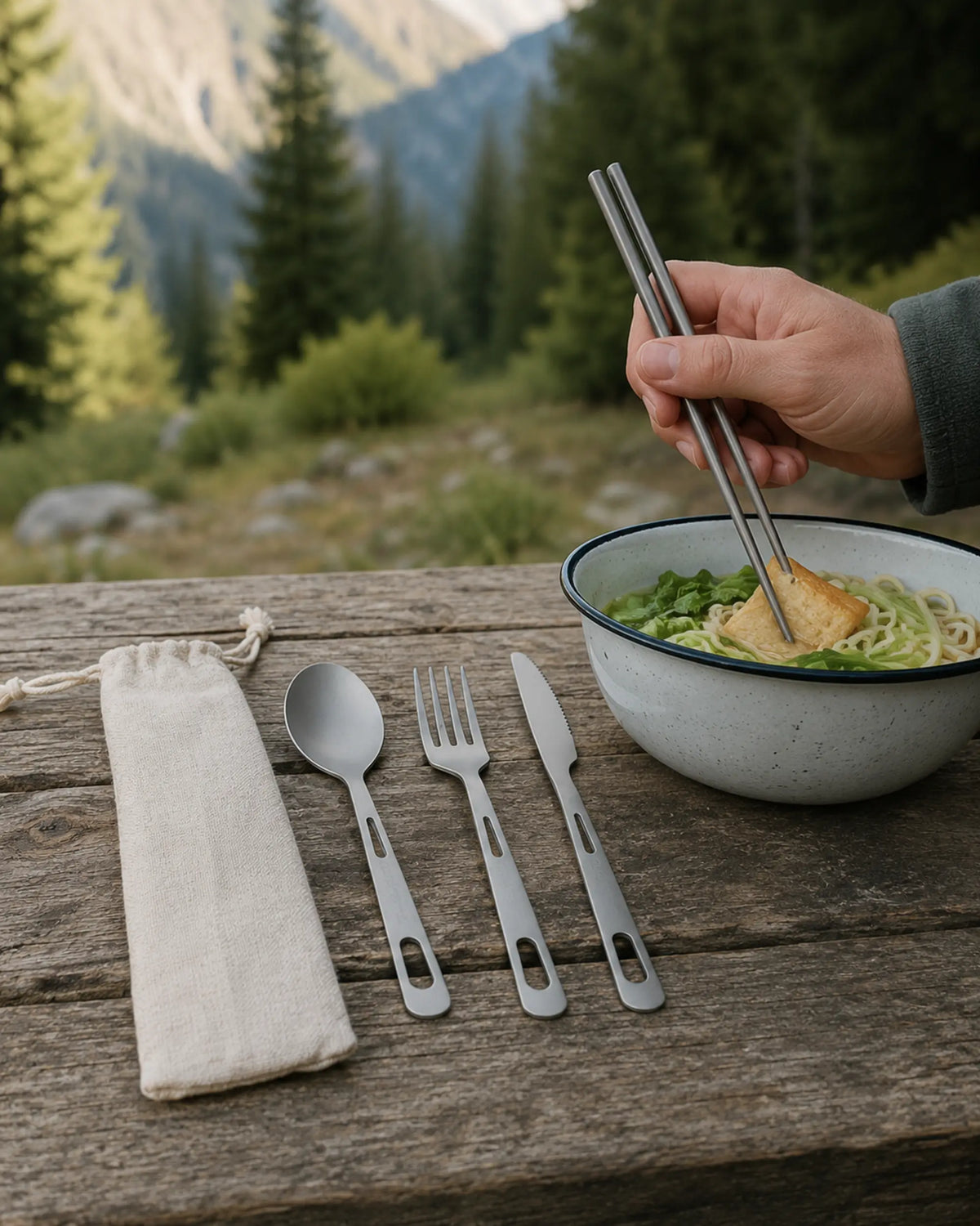 Camper using ARWE chopsticks beside complete titanium cutlery set and pouch