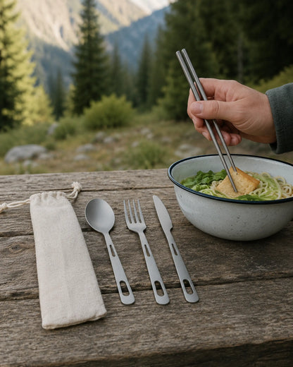 Camper using ARWE chopsticks beside complete titanium cutlery set and pouch