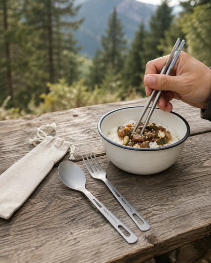 Camper using ARWE chopsticks beside titanium spoon fork and pouch
