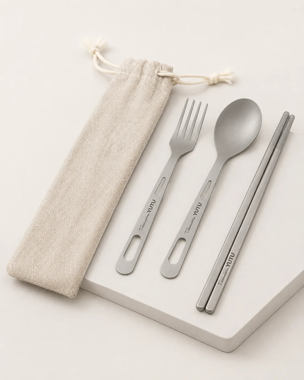 Three-quarter ARWE titanium spoon fork chopsticks set with linen pouch