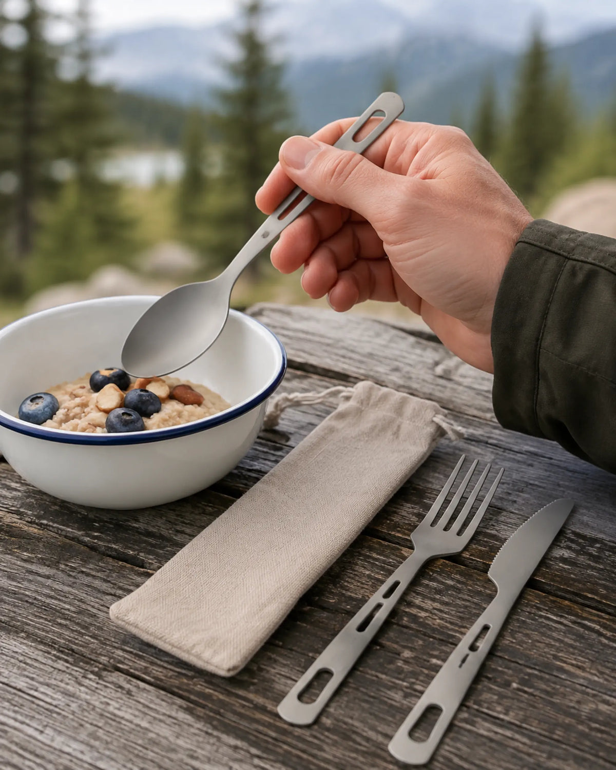 Camper using ARWE titanium spoon beside matching fork knife and pouch