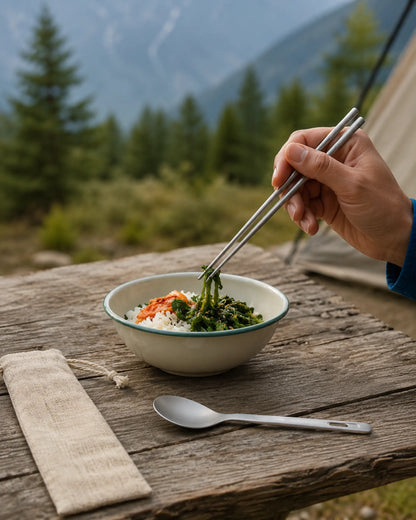 Camper using ARWE titanium chopsticks beside matching spoon and pouch