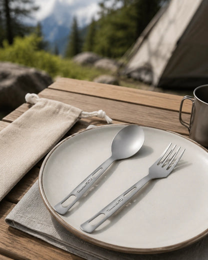 ARWE titanium spoon and fork ready on a mountain campsite table