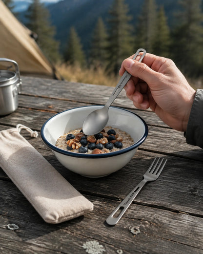 Camper using ARWE titanium spoon beside matching fork and travel pouch