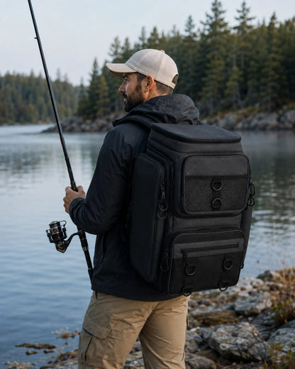 Angler wearing black fishing tackle backpack beside a lake