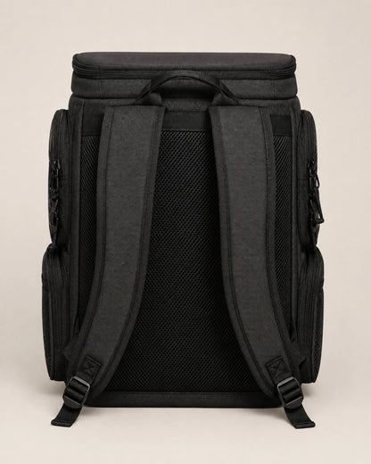 Rear view of black fishing tackle backpack with padded shoulder straps