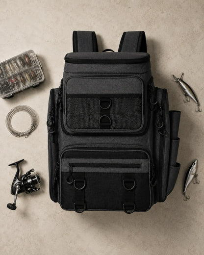 Black fishing tackle backpack arranged with reel tackle box and lures in a flat lay