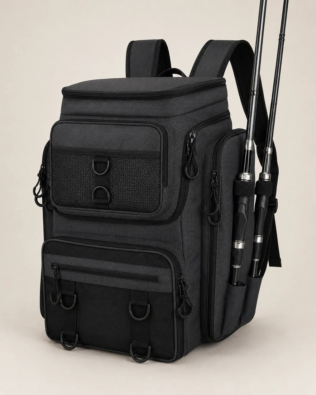 Black fishing tackle backpack with side rod holders in a right-angle studio view