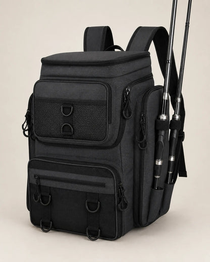Black fishing tackle backpack with side rod holders in a right-angle studio view