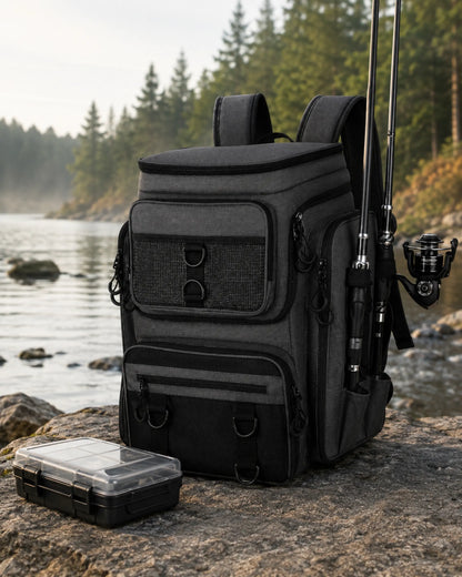 Black fishing tackle backpack with rods and tackle box on a riverbank