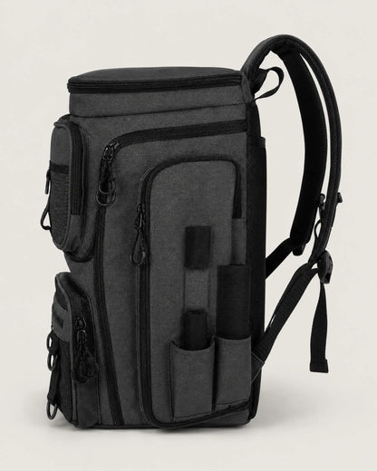 Black fishing tackle backpack side profile showing rod holder sleeves and zip pocket