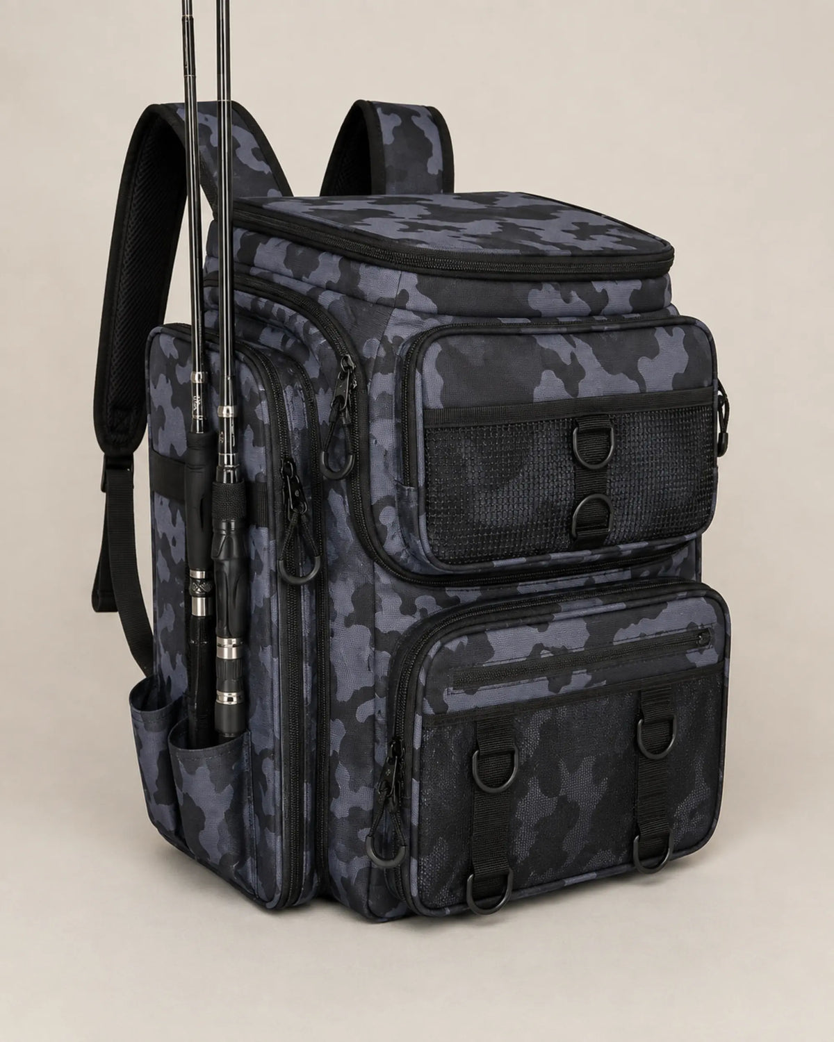 Grey camouflage fishing tackle backpack with rods secured in side holders