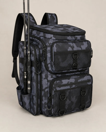 Grey camouflage fishing tackle backpack with rods secured in side holders