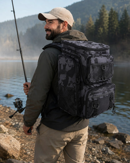 Angler wearing grey camouflage fishing tackle backpack at a mountain lake