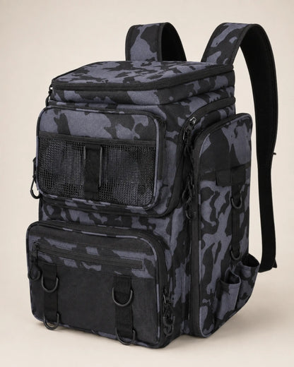Grey camouflage fishing tackle backpack in a front three-quarter studio view