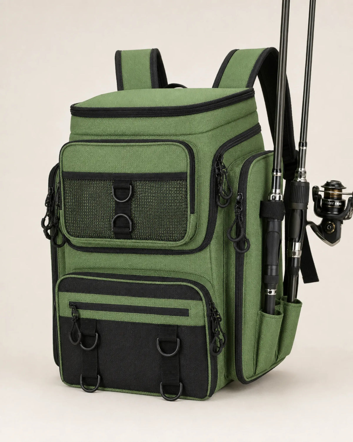 Green fishing tackle backpack with rod holders and front storage pockets