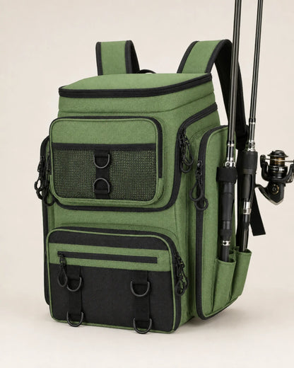 Green fishing tackle backpack with rod holders and front storage pockets
