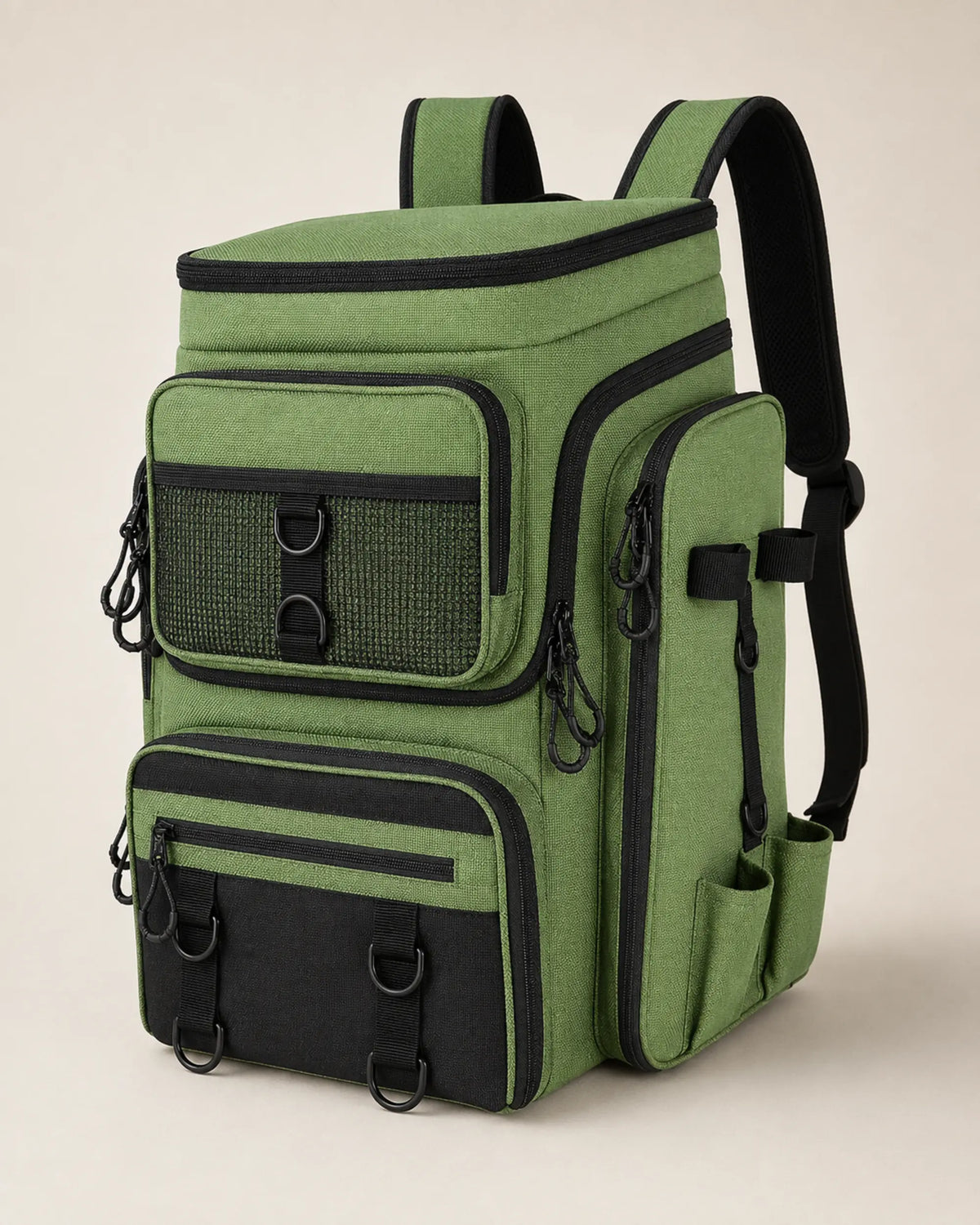 Green and black fishing tackle backpack in a front three-quarter studio view