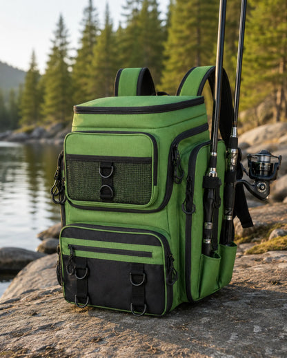 Green fishing tackle backpack carrying rods beside a forest river