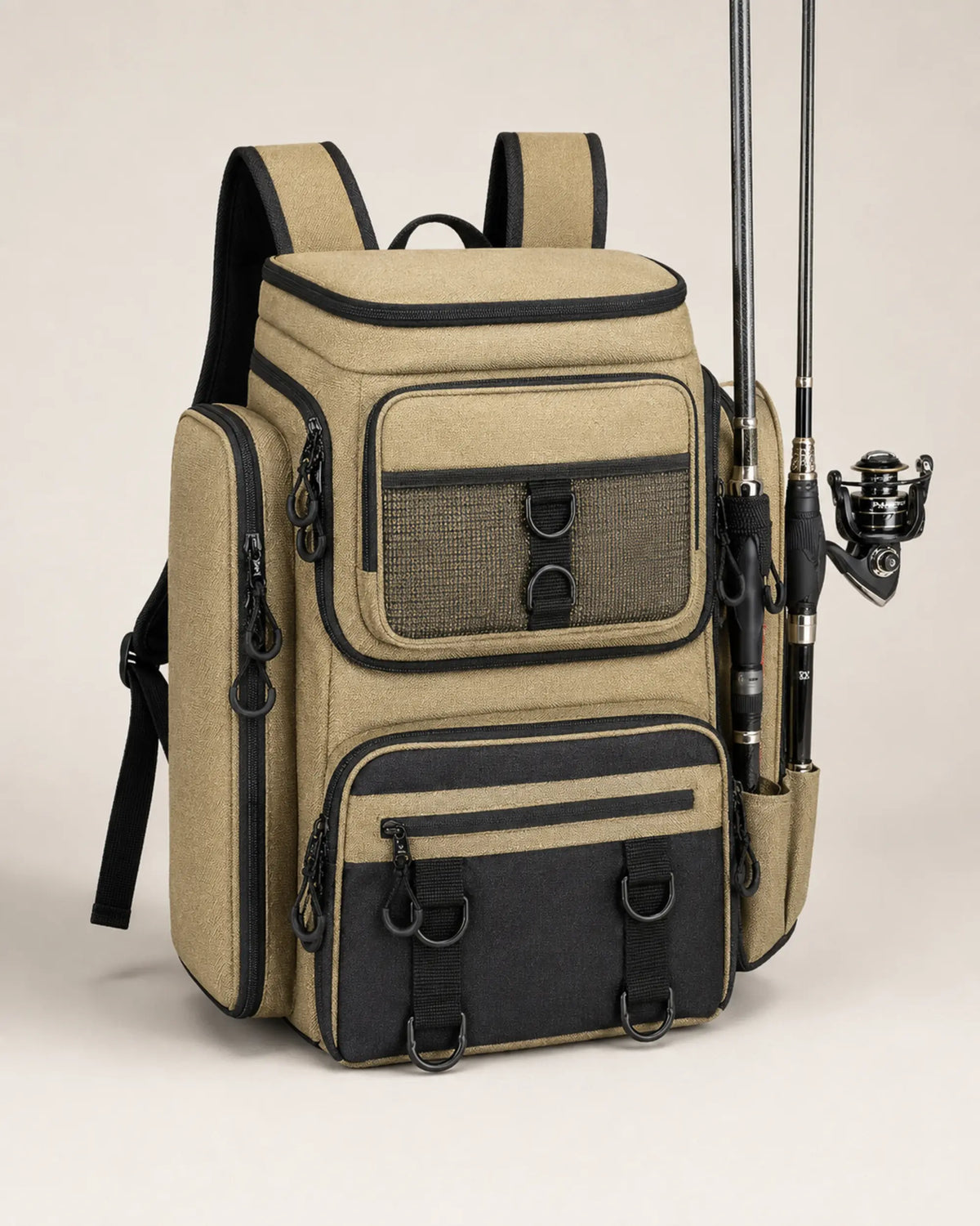 Khaki fishing tackle backpack with rods secured in side holder sleeves