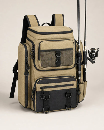 Khaki fishing tackle backpack with rods secured in side holder sleeves