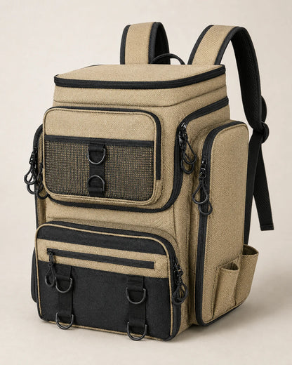 Khaki and black fishing tackle backpack in a front three-quarter studio view
