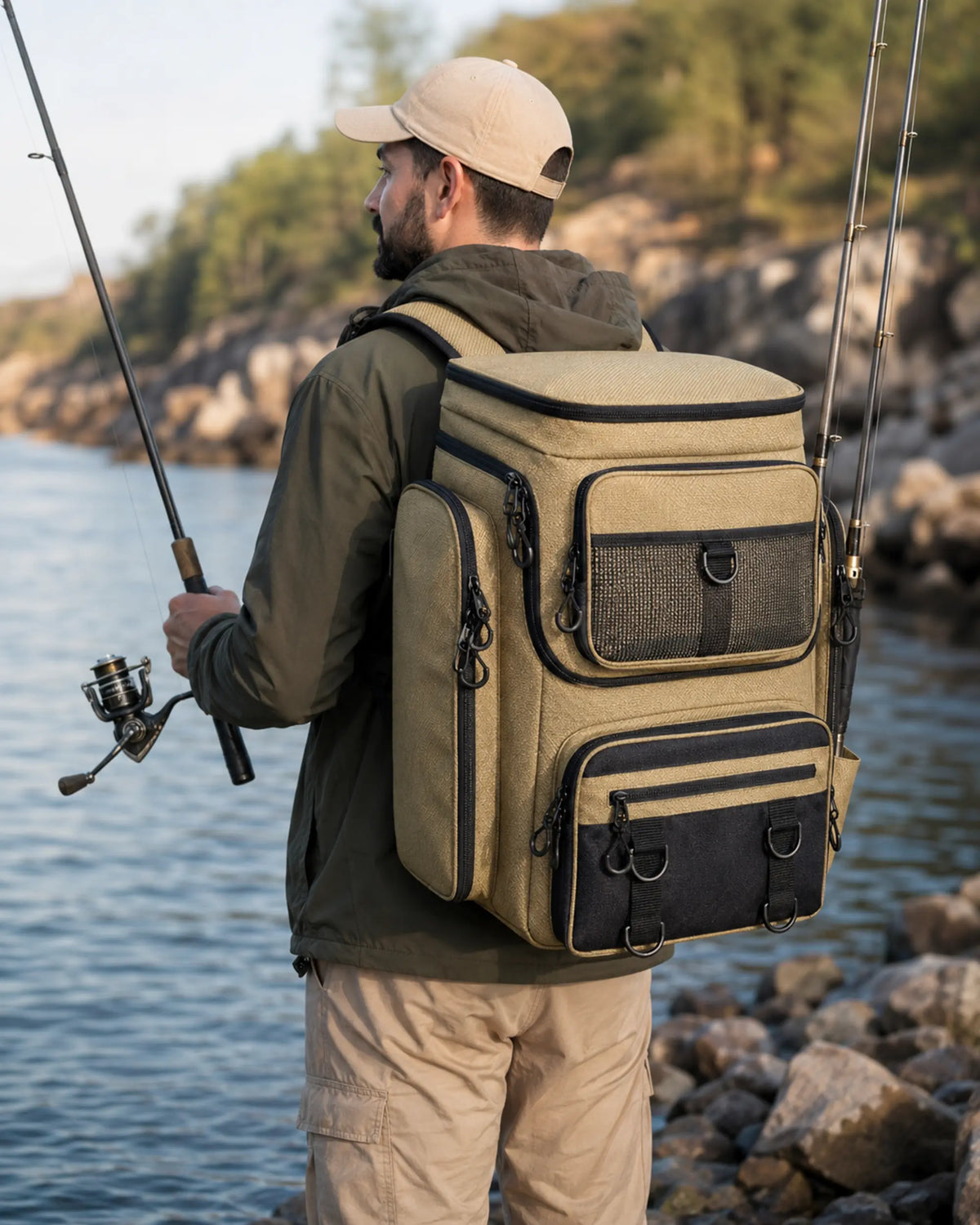 Angler wearing khaki fishing tackle backpack beside a calm river