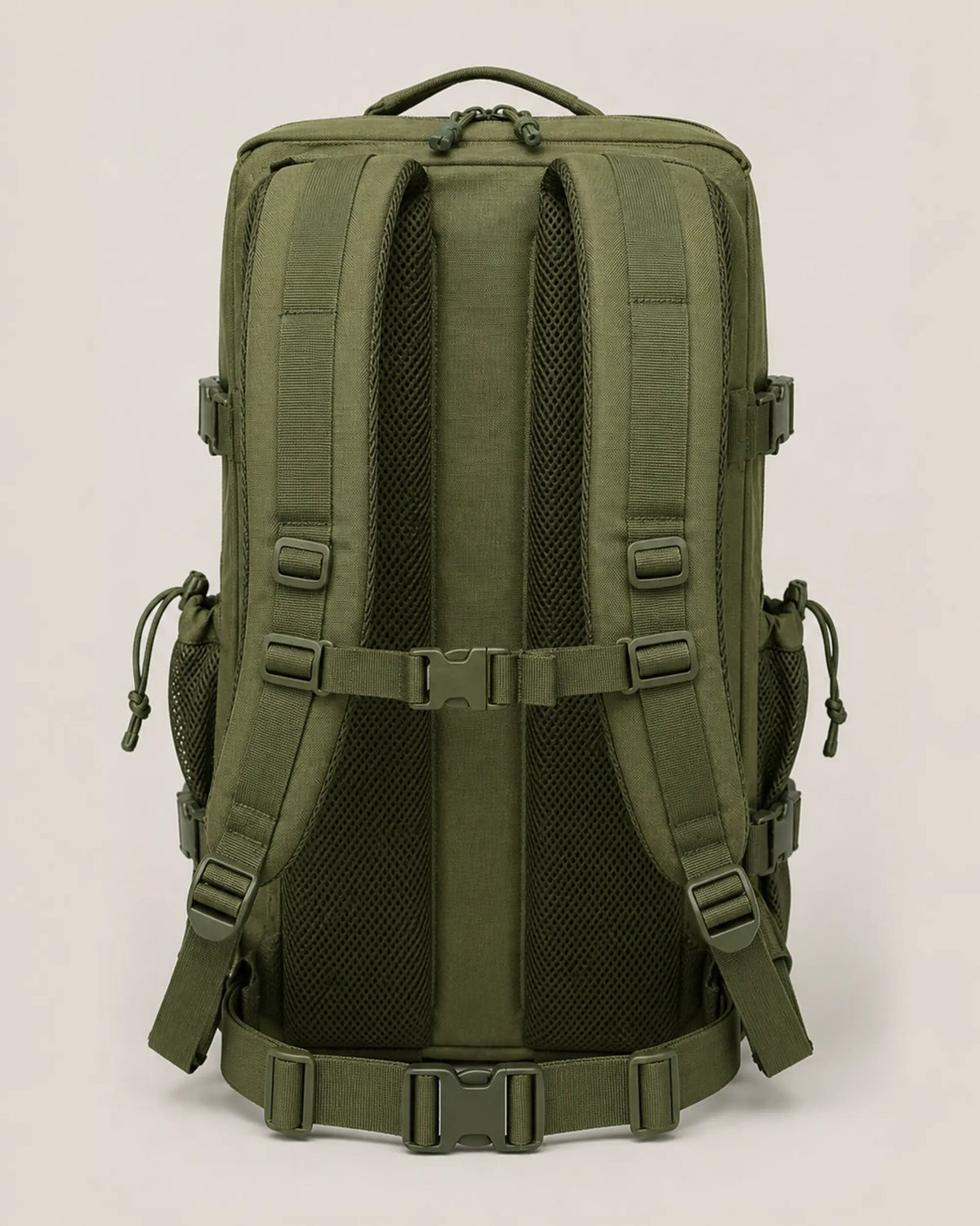 Rear view of army green tactical backpack with padded shoulder and waist straps