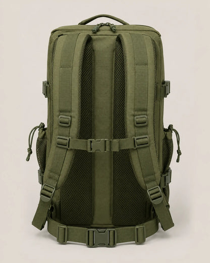 Rear view of army green tactical backpack with padded shoulder and waist straps