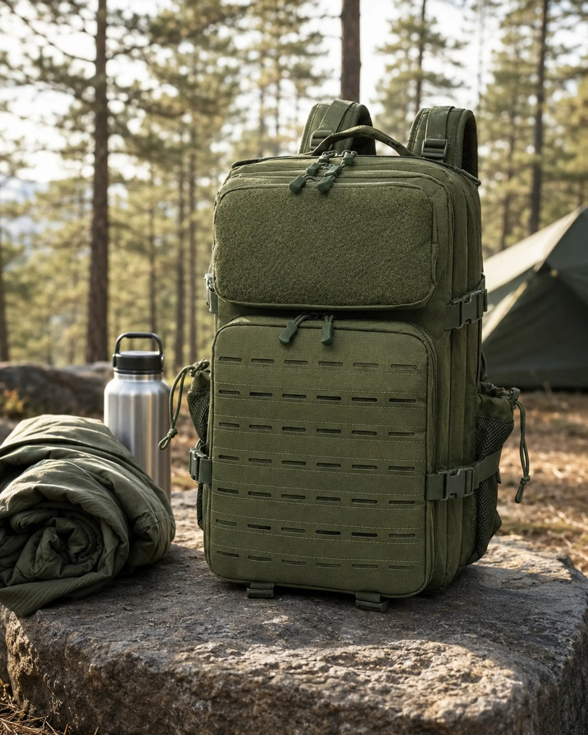 Army green tactical backpack at a pine forest campsite