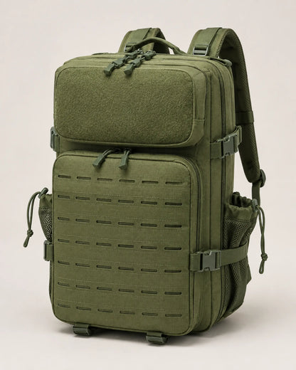 Army green water-resistant laser-cut MOLLE tactical backpack in a front three-quarter studio view