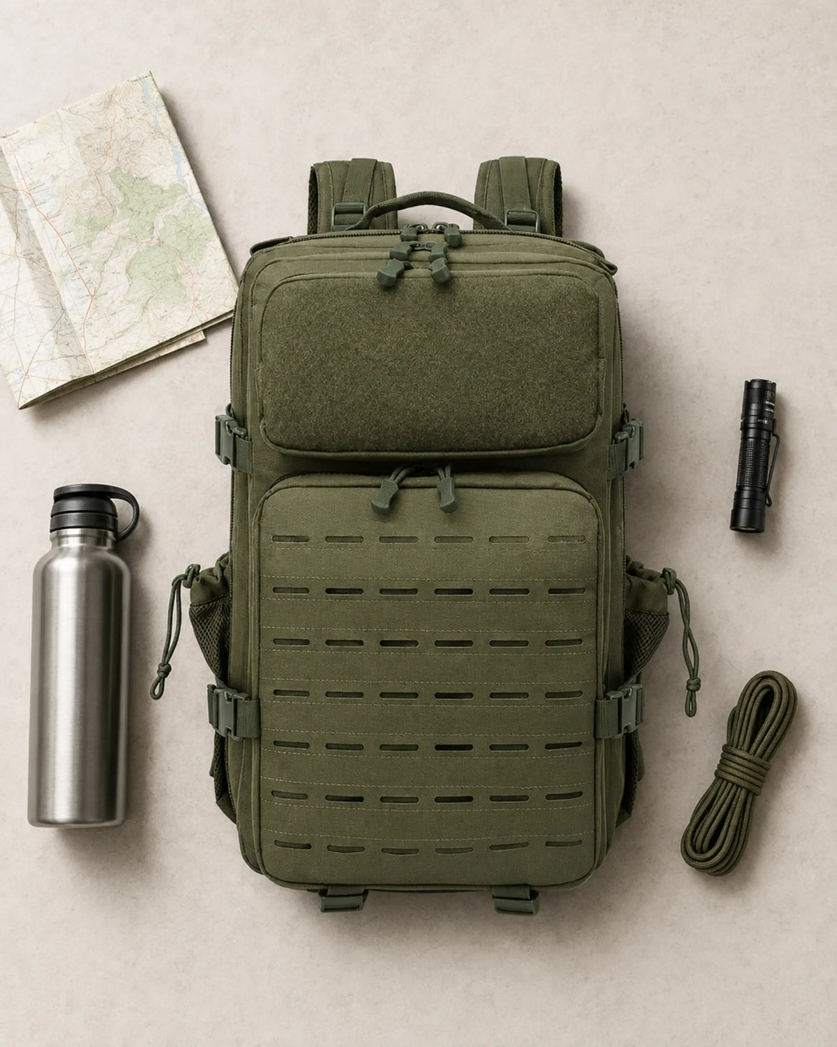 Army green tactical backpack arranged with hiking essentials in a flat lay