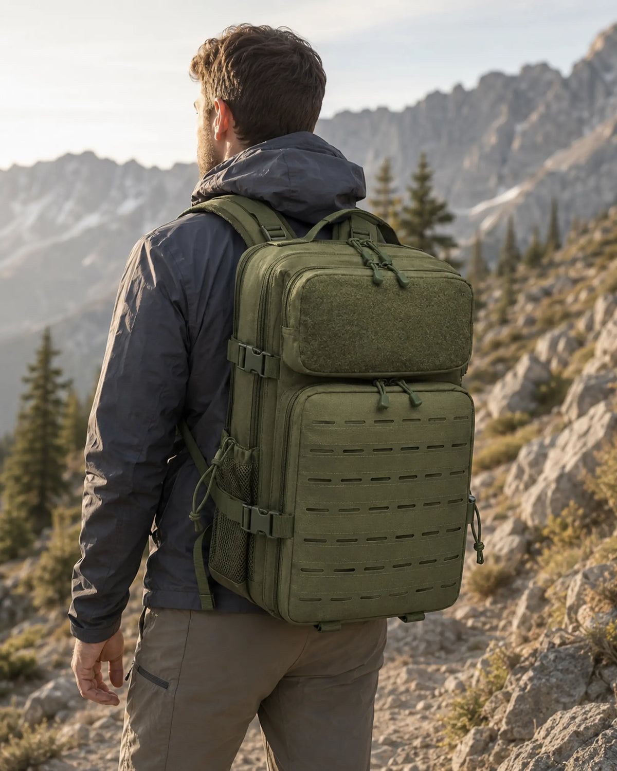 Hiker wearing army green tactical backpack on a mountain trail