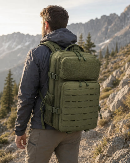 Hiker wearing army green tactical backpack on a mountain trail