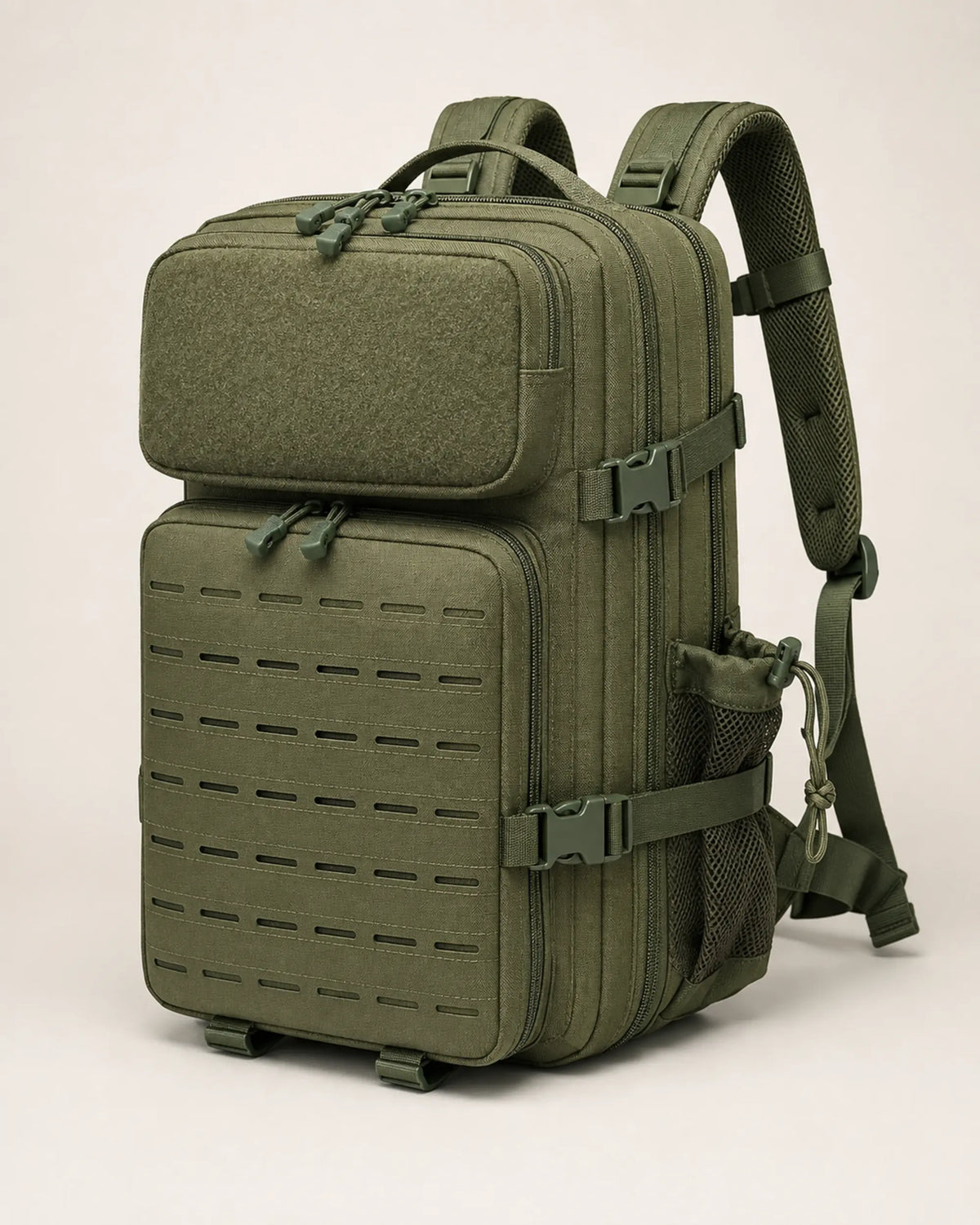 Army green tactical backpack right-angle view showing side compression straps and mesh pocket